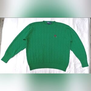 Vintage Polo Ralph Lauren Golf Crest GREEN Cable Knit Sweater Cotton Mens Sz XL